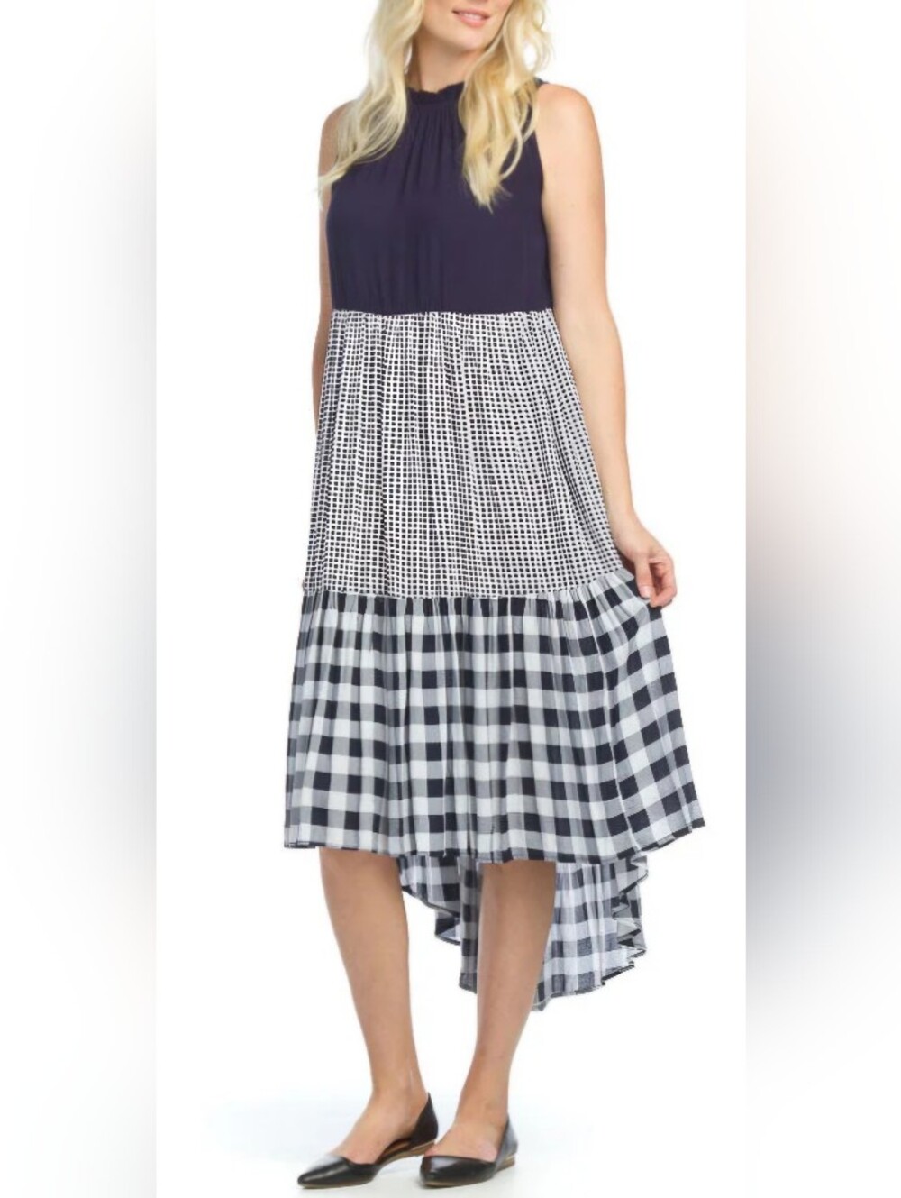Papillon XL Navy and White Gigham Tiered Maxi Dress. Hip Pockets. Flowy. Viscose - Picture 2 of 7
